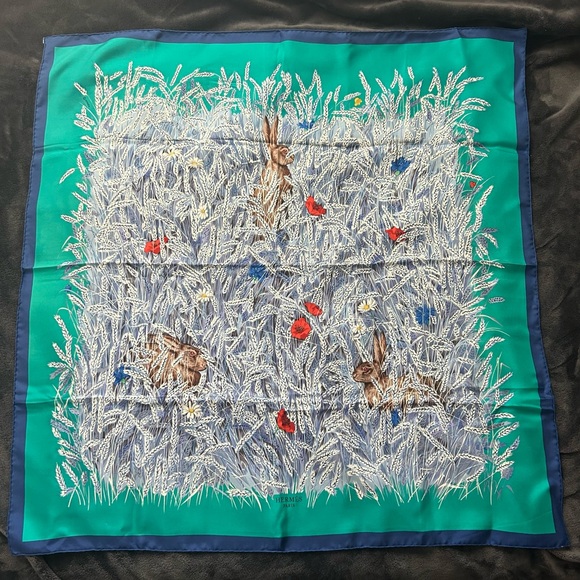 Hermes Green and Blue Scarf with Rabbit Design - Picture 1 of 9
